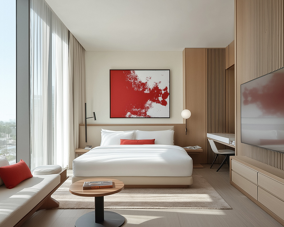 a bedroom with a bed and a television