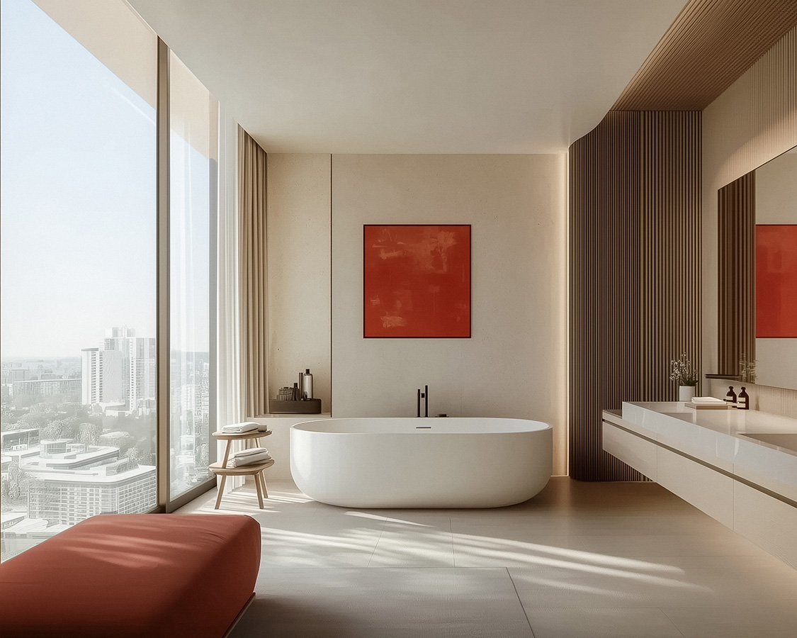 a bathroom with a large tub and a red square painting