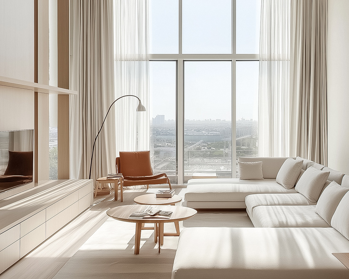 a living room with white couches and a coffee table
