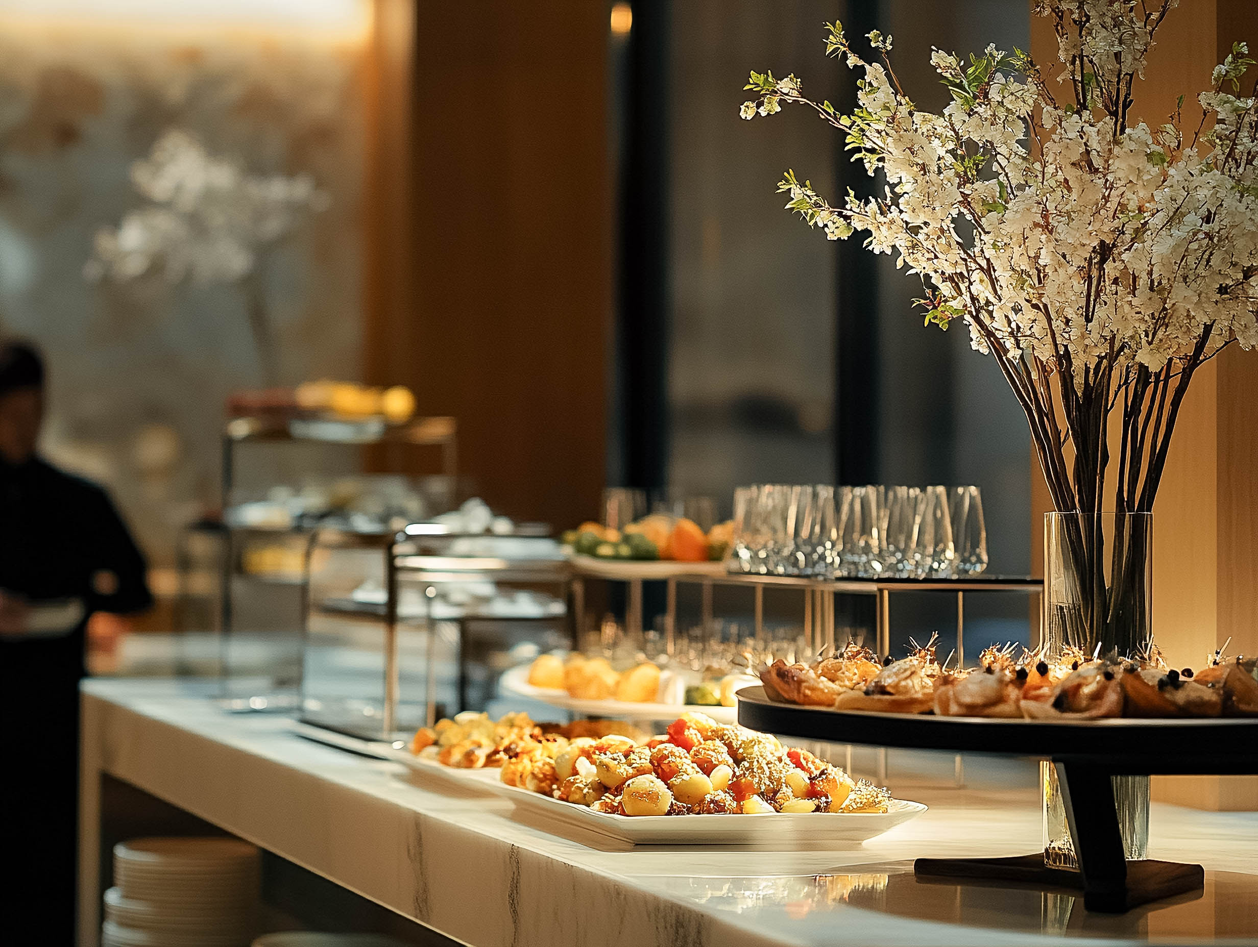 a buffet table with food on it