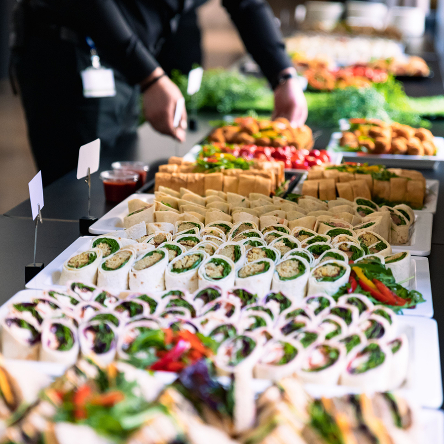 a buffet table full of food