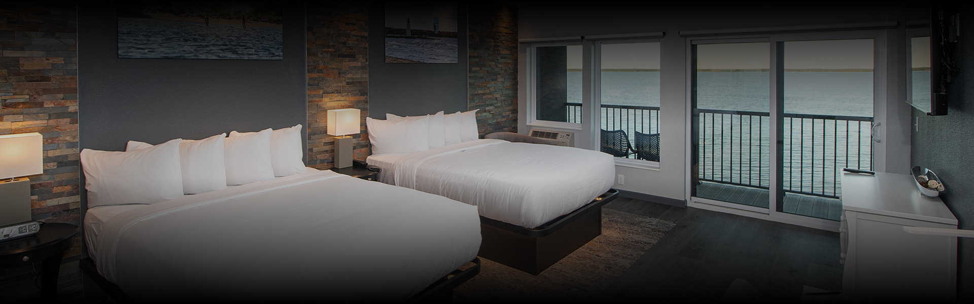 a hotel room with two beds