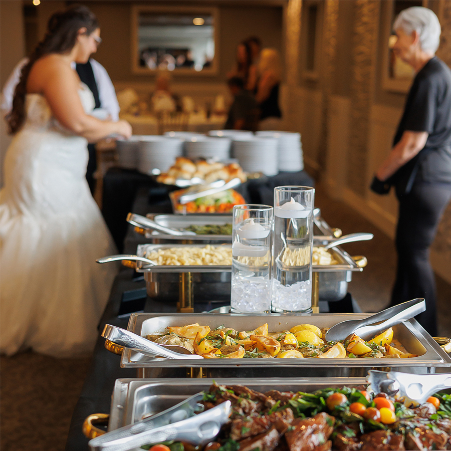 a buffet line of food