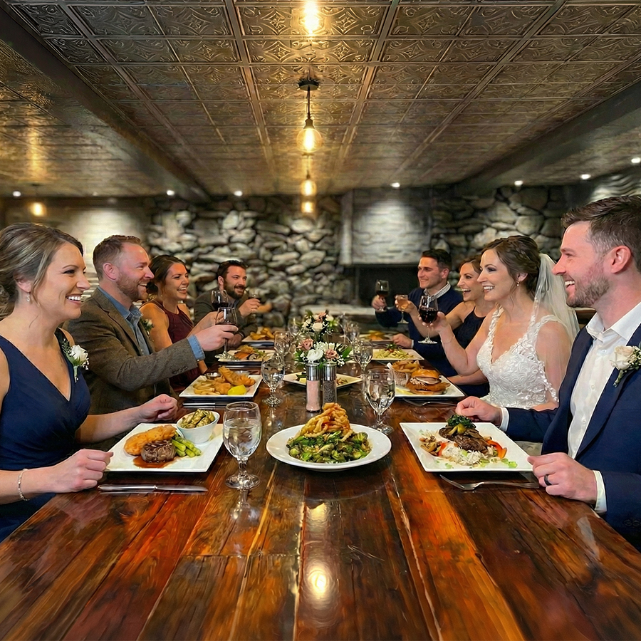 a group of people sitting at a table with plates of food