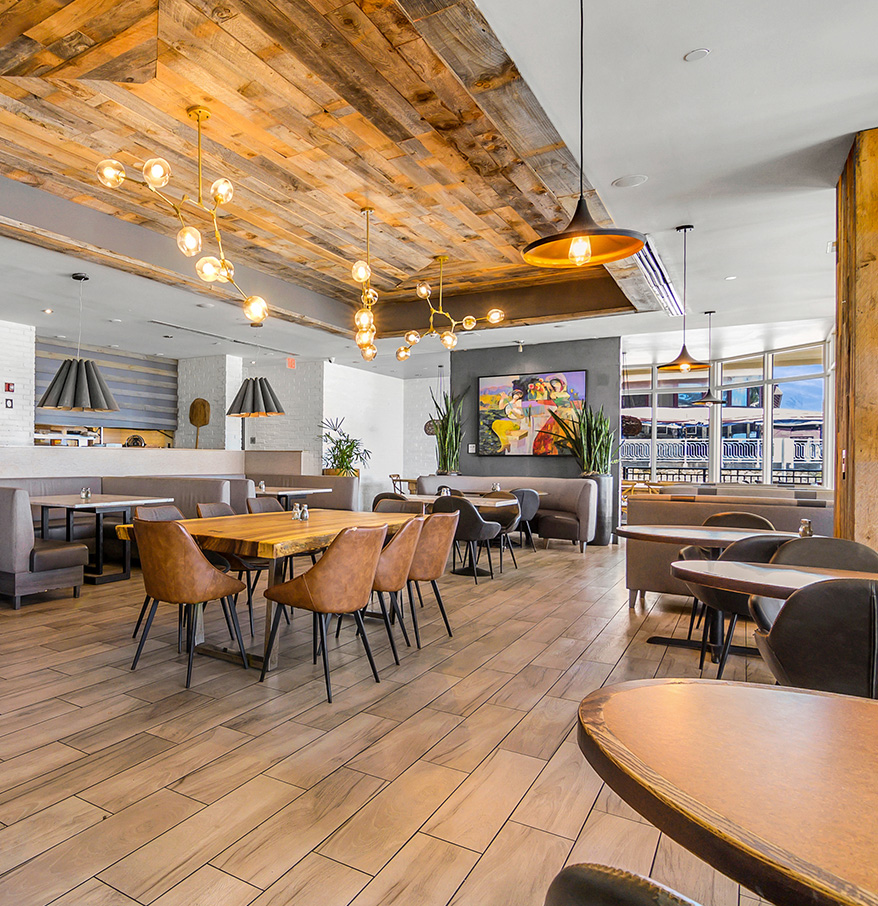 a room with tables and chairs