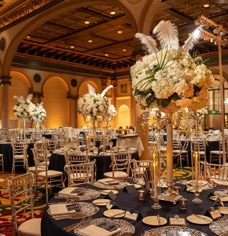 a large group of white flowers on a tall candelabra