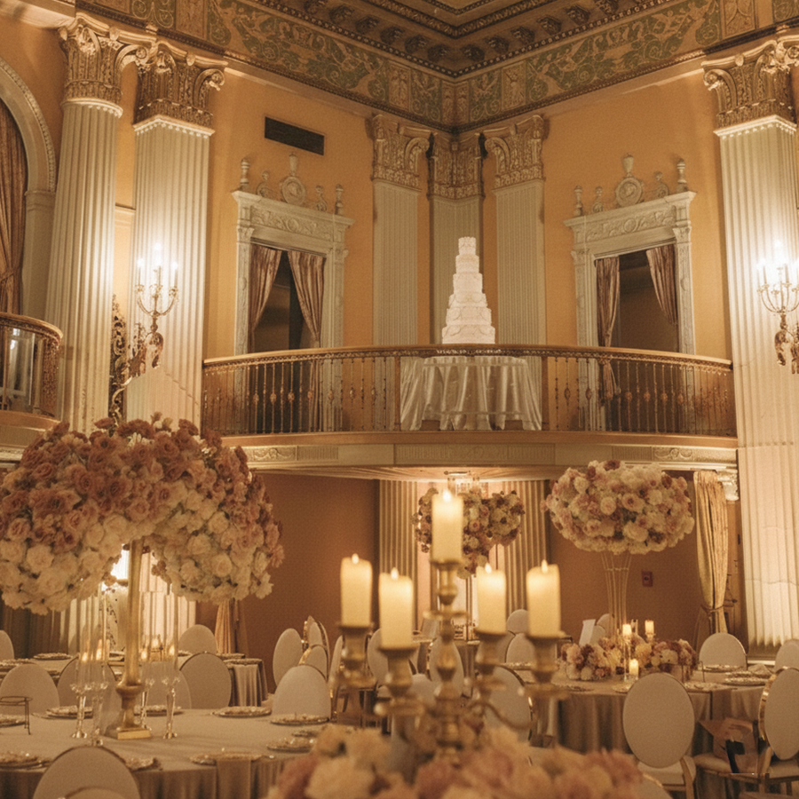 a room with tables and chairs and candles