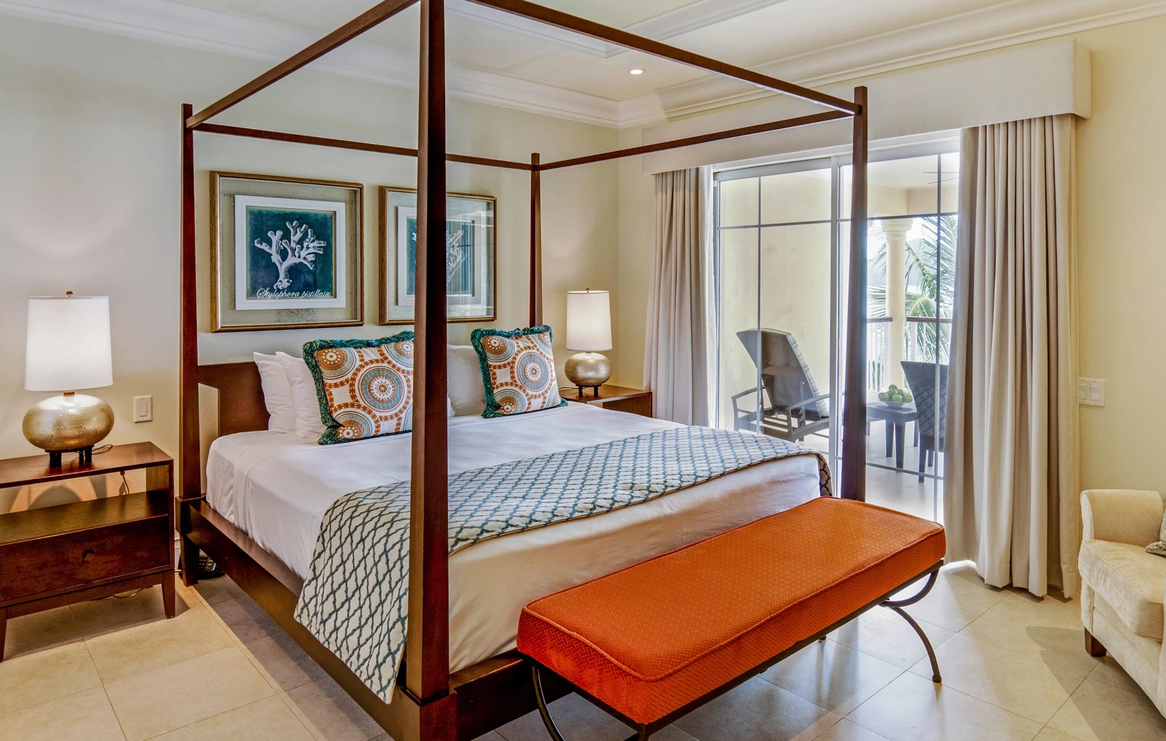 a bed with a four poster bed