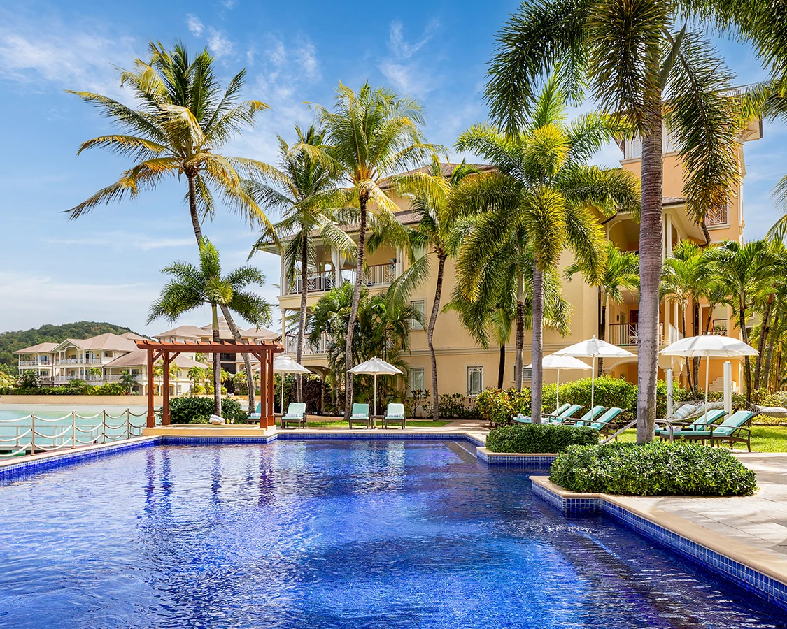 a swimming pool with palm trees and a building