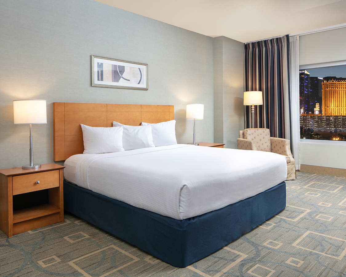 a bed in a hotel room