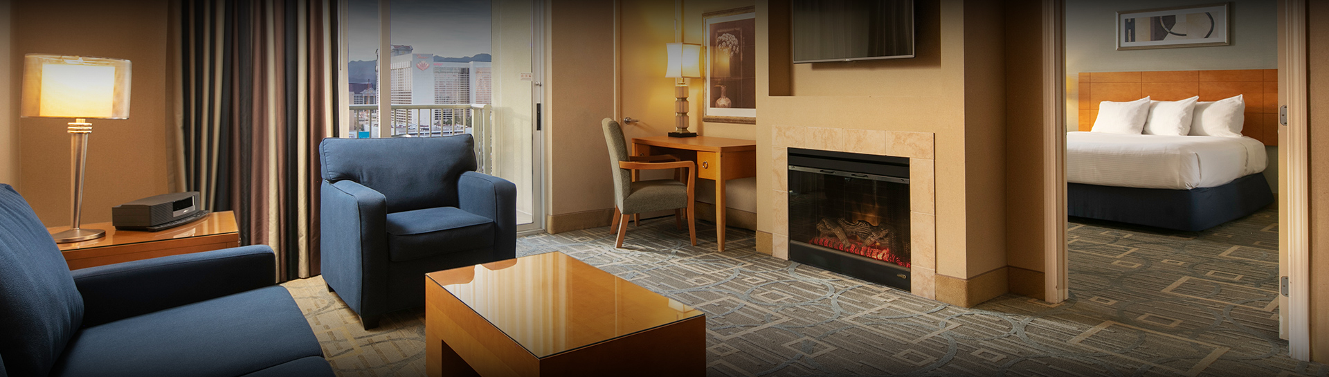 a room with a fireplace and a couch