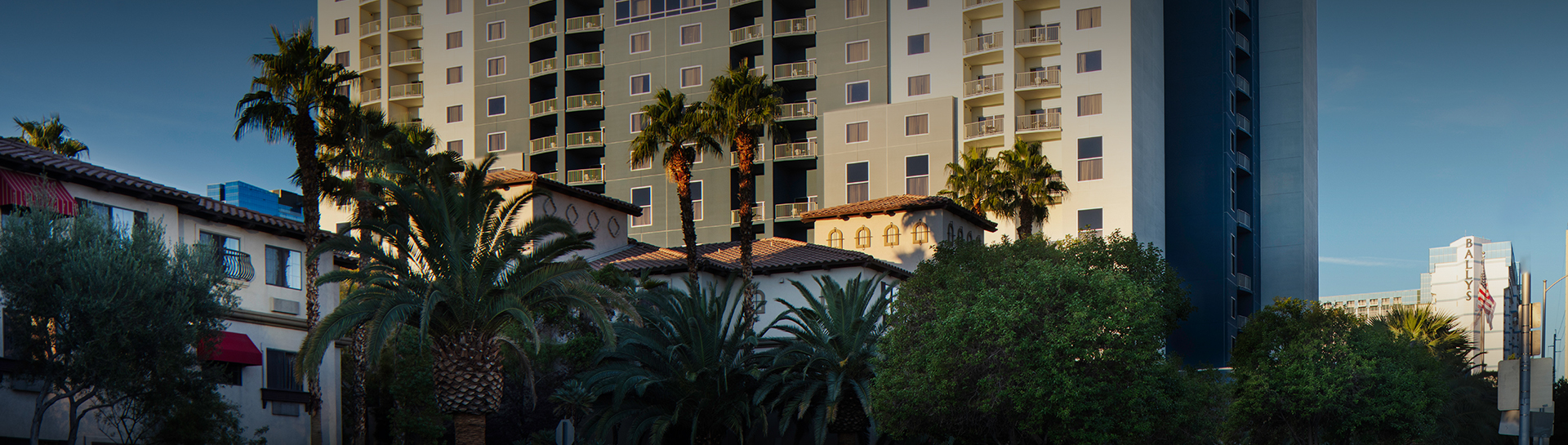 palm trees and buildings in front of a building