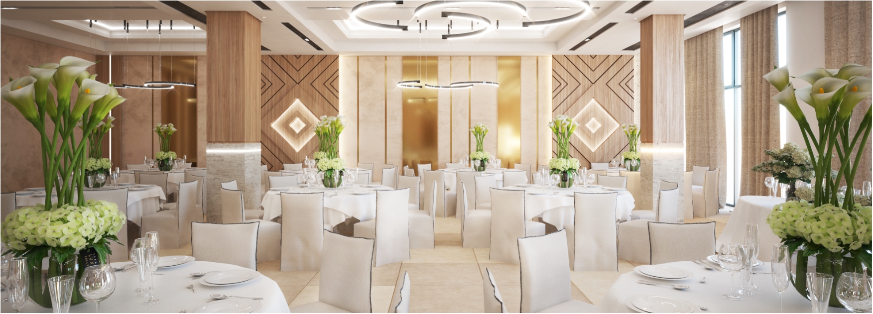 a room with tables and chairs