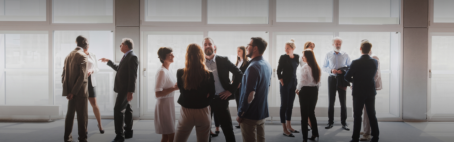 a group of people standing in a room