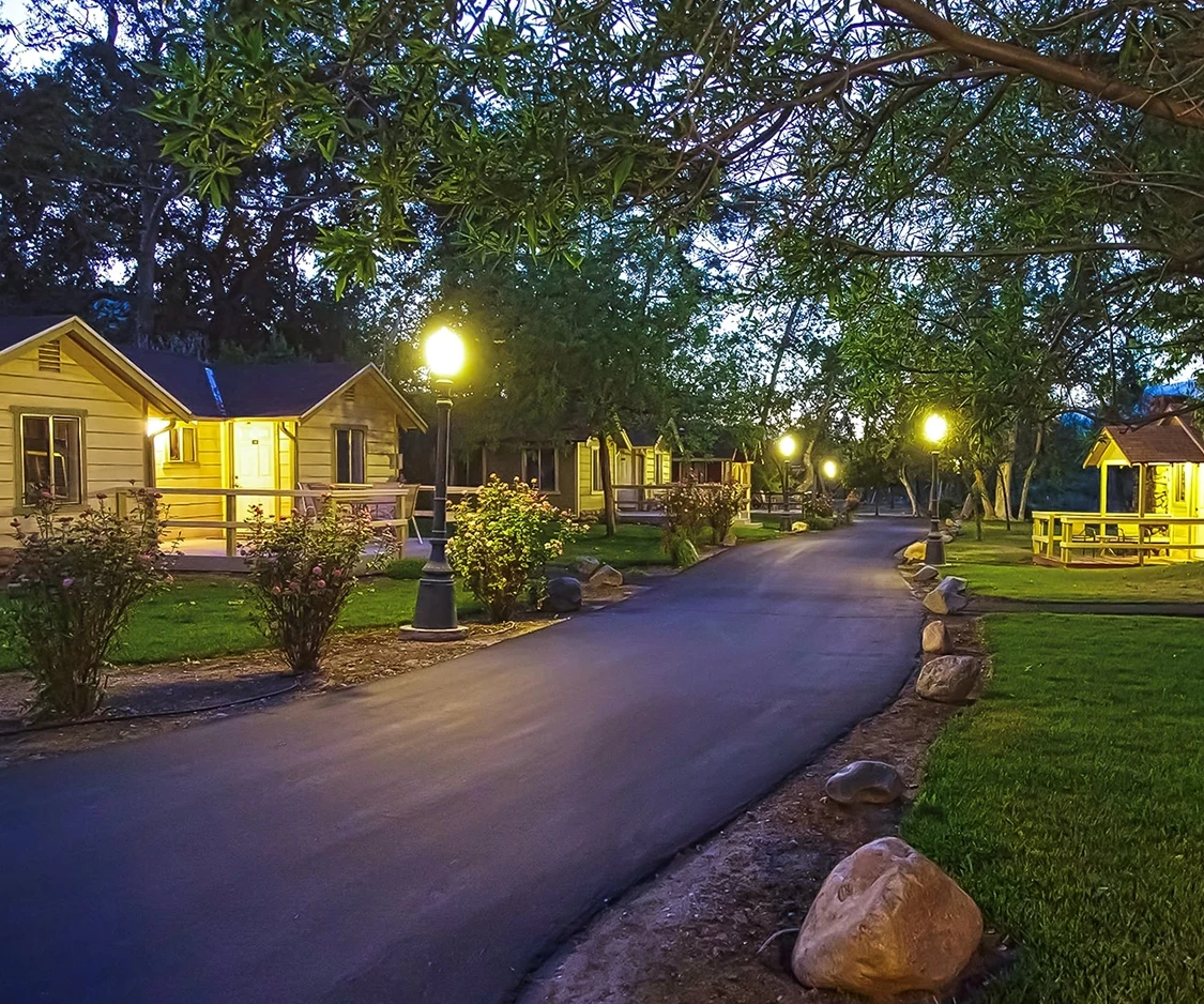 a road with trees and houses in the background