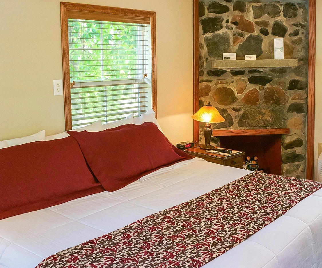 a bed with red pillows and a lamp next to a stone wall