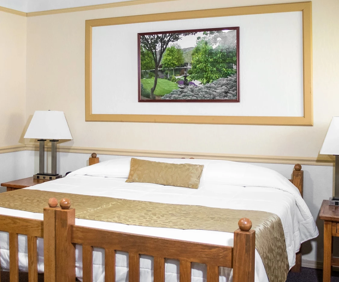 a bed with a picture on the wall