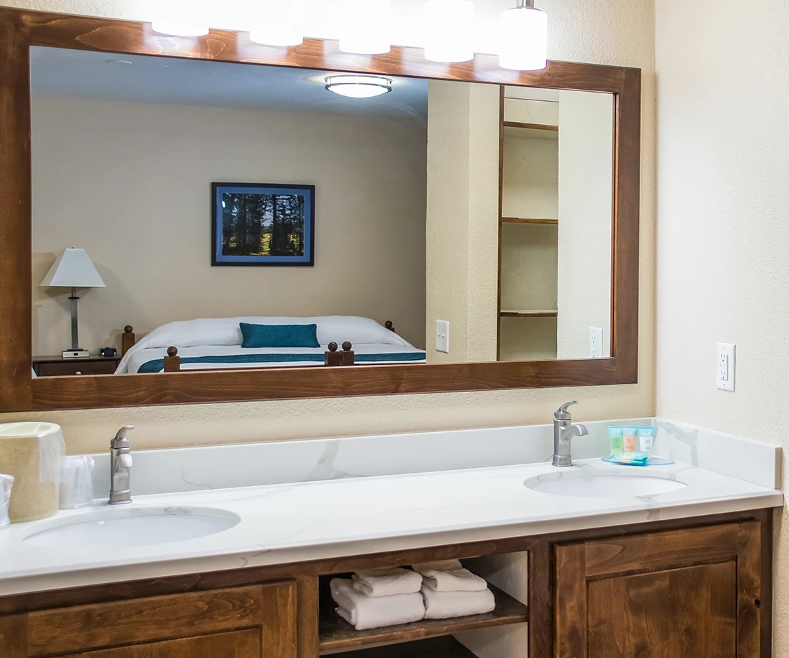 a bathroom with a mirror and double sink